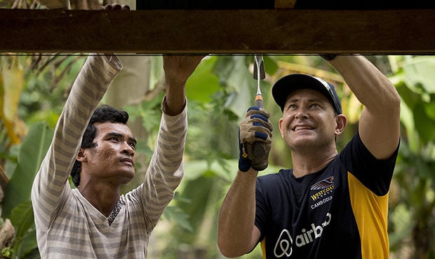 YeoCam landscape.jpg The West Coast Eagles travel to Cambodia to experience the culture, build relationships, and assist those less fortunate through several charity foundations. West Coast Chaplain Paul Morrison and a local builder. Yeam Nang Karl Village in the Kampong Spell Province during the West Coast build.Picture: Simon Santi The West Australian